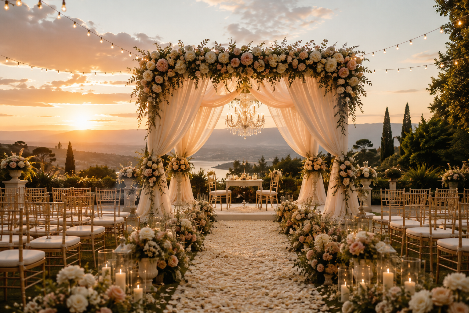 Elegant floral wedding mandap decorated with pink drapes and chandeliers